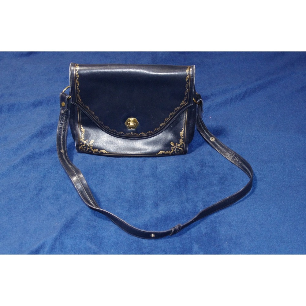Vintage Navy Blue Leather Purse Gold Embossed Dainty Filigree Border Fancy